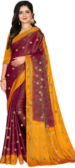 Gold, Red and Maroon color Saree in Kanjeevaram Silk fabric with Embroidered, Thread, Weaving work