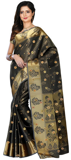 Black and Grey color Saree in Kanjeevaram Silk fabric with Embroidered, Thread, Weaving work