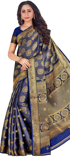 Blue color Saree in Kanjeevaram Silk fabric with Embroidered, Thread, Weaving work