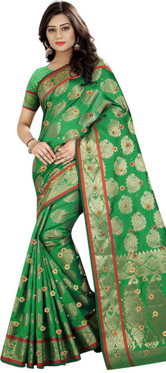 Green color Saree in Uppada Silk fabric with Embroidered, Thread, Weaving work