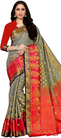 Black and Grey color Saree in Kanjeevaram Silk fabric with Embroidered, Thread, Weaving work