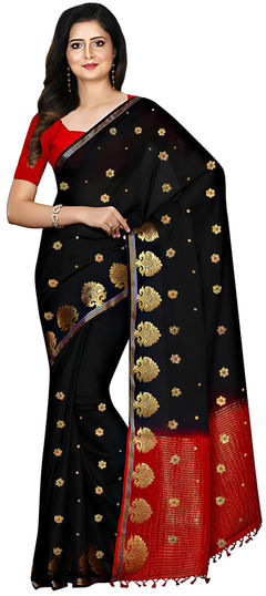 Black and Grey color Saree in Satin Silk fabric with Embroidered, Thread, Weaving work