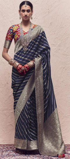 Traditional, Wedding Blue color Saree in Crepe Silk, Silk fabric with South Weaving, Zari work : 1902100