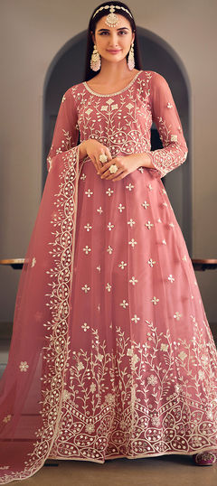 Pink and Majenta color Salwar Kameez in Net fabric with Embroidered, Sequence, Thread work