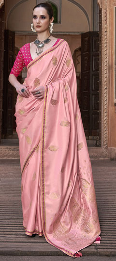 Pink and Majenta color Saree in Satin Silk, Silk fabric with Weaving, Zari work