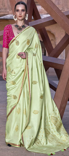 Green color Saree in Satin Silk, Silk fabric with Weaving, Zari work