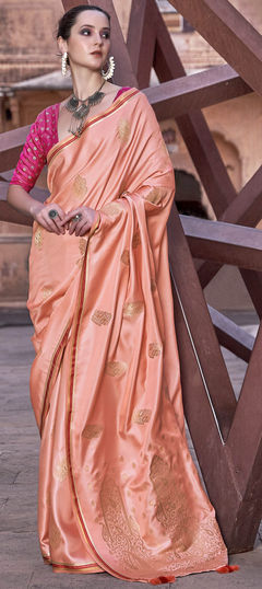 Pink and Majenta color Saree in Satin Silk, Silk fabric with Weaving, Zari work