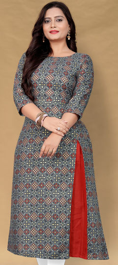 Black and Grey color Kurti in Cotton fabric with Printed work