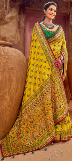 Yellow color Saree in Silk fabric with Embroidered, Mirror, Resham, Stone, Thread work