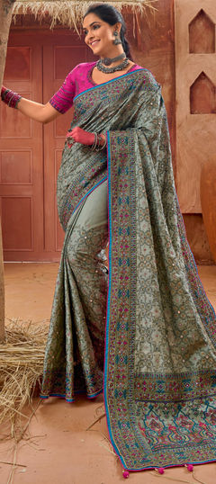 Green color Saree in Silk fabric with Embroidered, Mirror, Resham, Stone, Thread work