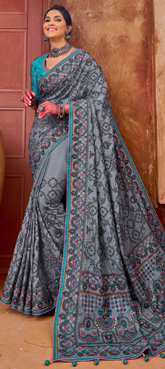 Black and Grey color Saree in Silk fabric with Embroidered, Mirror, Resham, Stone, Thread work