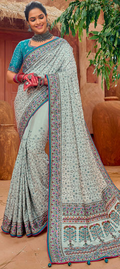 Black and Grey color Saree in Silk fabric with Embroidered, Mirror, Resham, Stone, Thread work