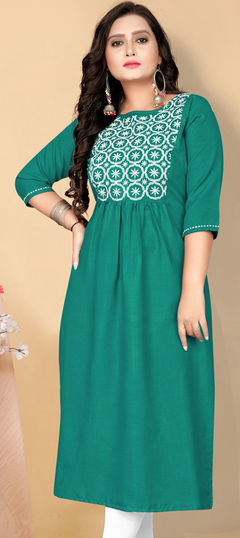 Blue color Kurti in Cotton fabric with Embroidered, Resham, Thread work