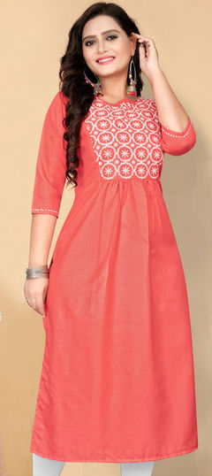 Red and Maroon color Kurti in Cotton fabric with Embroidered, Resham, Thread work