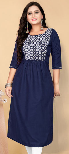 Blue color Kurti in Cotton fabric with Embroidered, Resham, Thread work