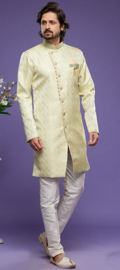 Green color IndoWestern Dress in Jacquard fabric with Broches, Embroidered, Thread work