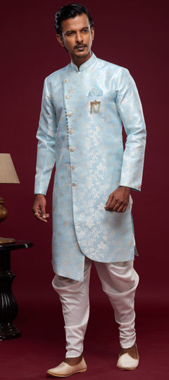 Blue color IndoWestern Dress in Jacquard fabric with Weaving work