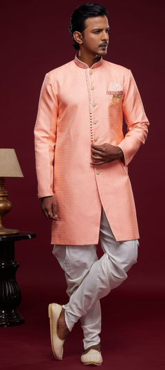 Pink and Majenta color IndoWestern Dress in Jacquard fabric with Embroidered, Thread work
