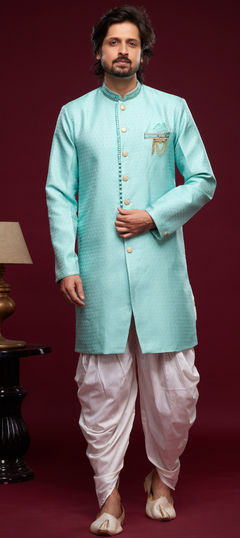 Blue color IndoWestern Dress in Jacquard fabric with Embroidered, Thread work