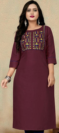 Purple and Violet color Kurti in Cotton fabric with Embroidered, Resham, Thread work