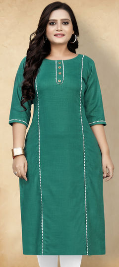 Green color Kurti in Cotton fabric with Lace work