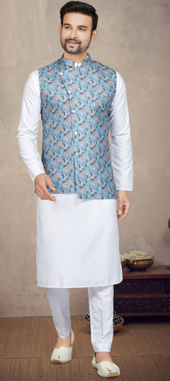 White and Off White color Kurta Pyjama with Jacket in Cotton fabric with Digital Print work