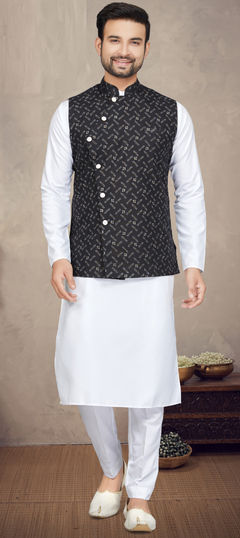 White and Off White color Kurta Pyjama with Jacket in Cotton fabric with Printed work