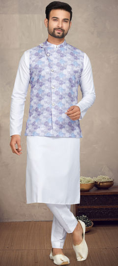 White and Off White color Kurta Pyjama with Jacket in Cotton fabric with Digital Print work