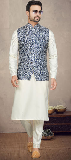 Beige and Brown color Kurta Pyjama with Jacket in Cotton fabric with Digital Print work