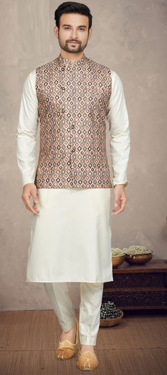 Beige and Brown color Kurta Pyjama with Jacket in Cotton fabric with Digital Print work