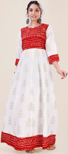 Red and Maroon, White and Off White color Kurti in Rayon fabric with Bandhej, Printed work