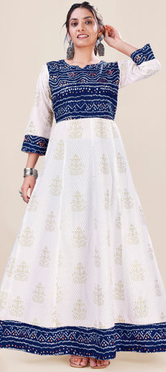 Blue, White and Off White color Kurti in Rayon fabric with Bandhej, Printed work