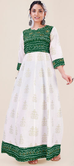 Green, White and Off White color Kurti in Rayon fabric with Bandhej, Printed work