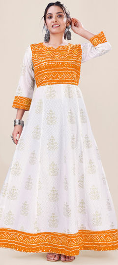 White and Off White, Yellow color Kurti in Rayon fabric with Bandhej, Printed work