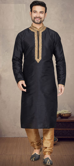 Party Wear Black and Grey color Kurta Pyjamas in Art Silk fabric with Embroidered, Thread, Zari work : 1902608