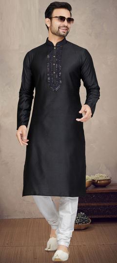 Black and Grey color Kurta Pyjamas in Jacquard fabric with Sequence, Thread work