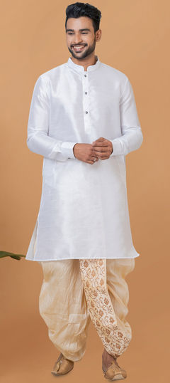 White and Off White color Dhoti Kurta in Dupion Silk fabric with Thread work