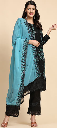 Festive, Party Wear Black and Grey color Salwar Kameez in Faux Georgette fabric with Pakistani, Straight Sequence, Thread work : 1902706