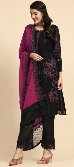 Festive, Party Wear Black and Grey, Pink and Majenta color Salwar Kameez in Faux Georgette fabric with Pakistani, Straight Sequence, Thread work : 1902707