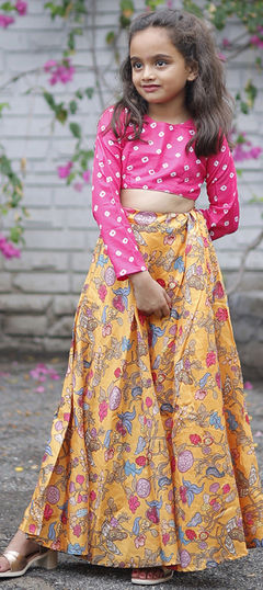 Yellow color Kids Lehenga in Tussar Silk fabric with Digital Print, Floral work