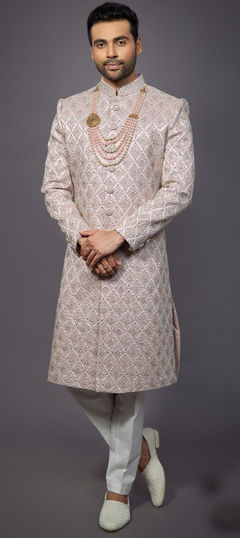 Wedding Pink and Majenta color Sherwani in Silk fabric with Bugle Beads, Cut Dana, Embroidered, Resham, Thread work : 1902820