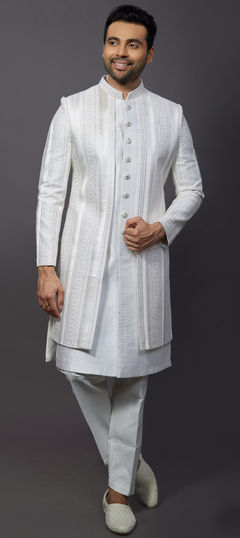 White and Off White color IndoWestern Dress in Silk fabric with Embroidered, Resham, Sequence, Thread work