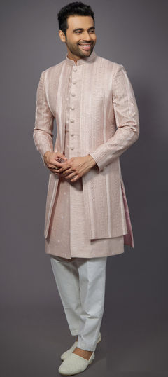 Pink and Majenta color IndoWestern Dress in Silk fabric with Embroidered, Resham, Sequence, Thread work