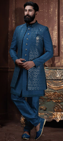 Blue color IndoWestern Dress in Silk fabric with Broches, Embroidered, Resham, Sequence, Thread work