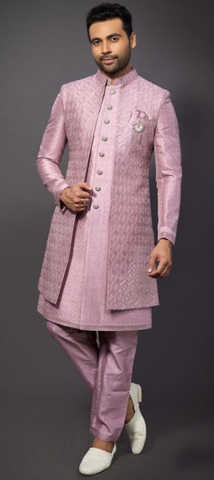 Pink and Majenta color IndoWestern Dress in Silk fabric with Broches, Embroidered, Resham, Sequence, Thread work