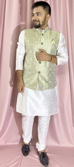 Party Wear White and Off White color Kurta Pyjama with Jacket in Silk fabric with Weaving work : 1902909