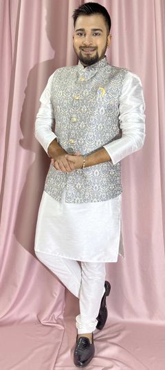 Party Wear White and Off White color Kurta Pyjama with Jacket in Silk fabric with Weaving work : 1902910