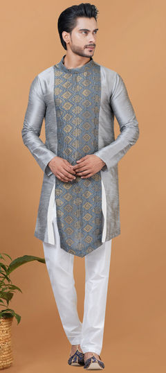 Black and Grey color Kurta Pyjamas in Dupion Silk fabric with Weaving work