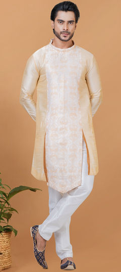 Gold color Kurta Pyjamas in Dupion Silk fabric with Embroidered, Thread work