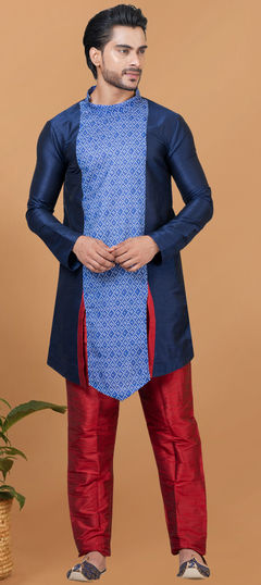 Blue color Kurta Pyjamas in Dupion Silk fabric with Digital Print work